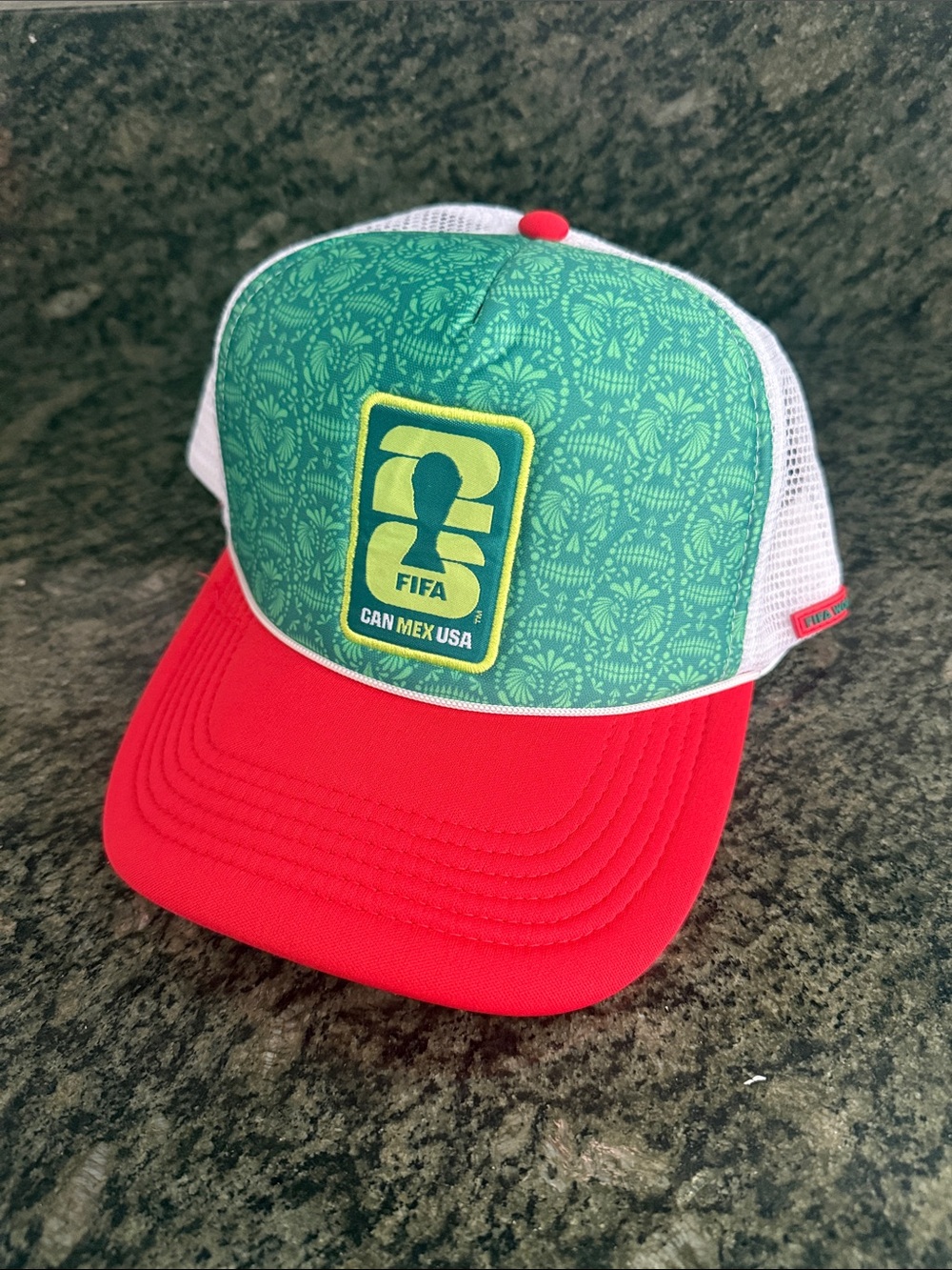 FIFA WORLD CUP - CAN MEX USA Trucker Hat — Green Front & Red Brim